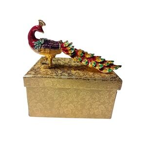 Peacock Bird Jeweled Enameled Hinged Trinket Box Figurine Enamel Metal New